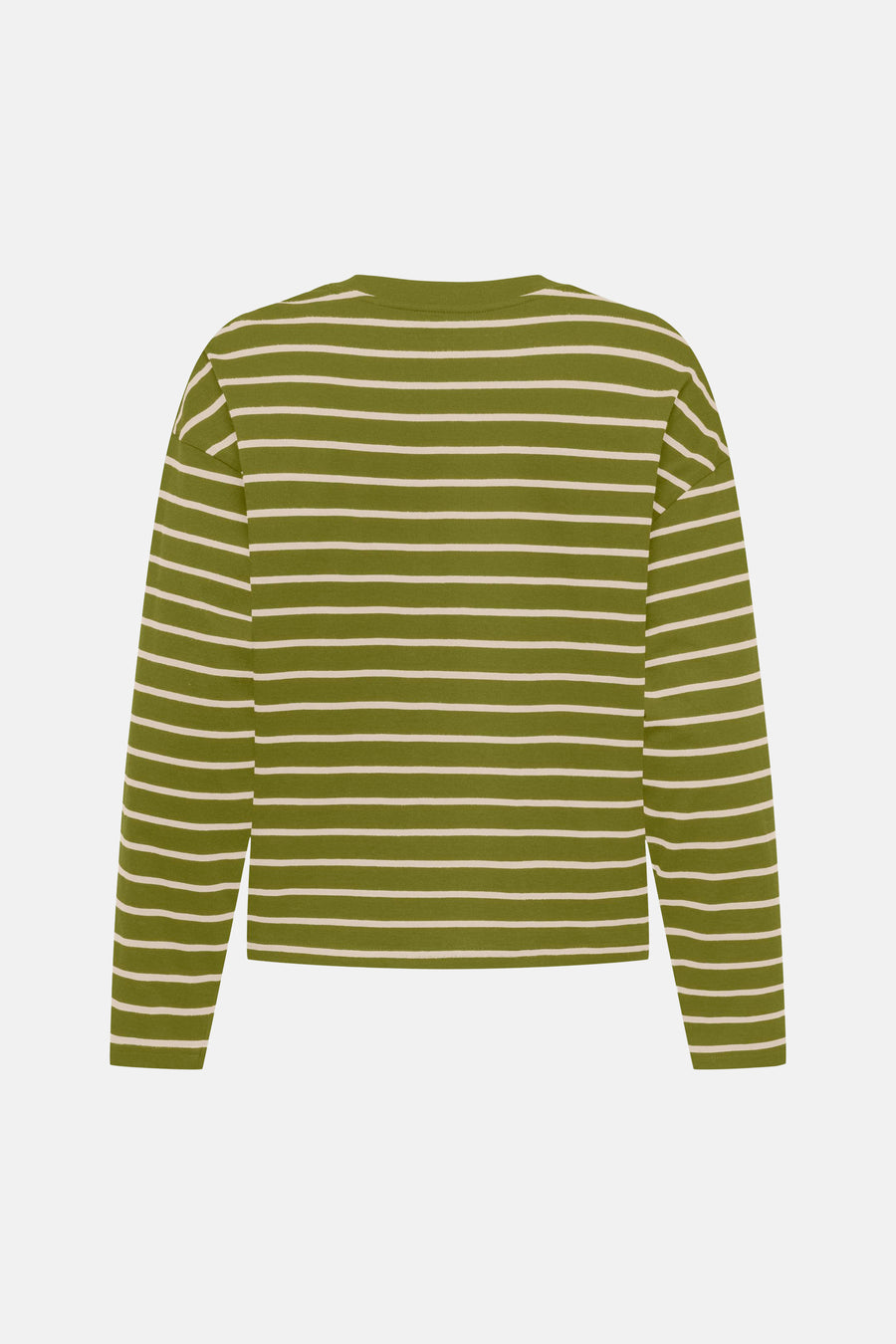 Olive green long-sleeve striped t-shirt with cream horizontal stripes, back view, soft cotton texture