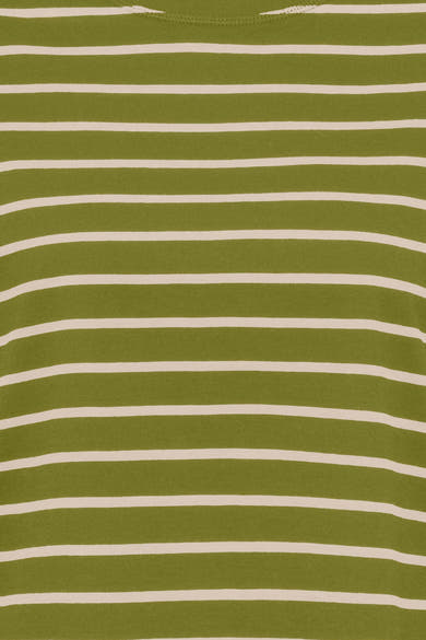 Olive green long-sleeve t-shirt with white horizontal stripes, ribbed crew neck, close-up front view