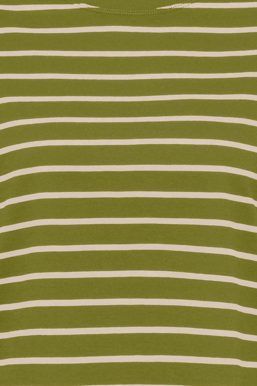 Olive green long-sleeve t-shirt with white horizontal stripes, ribbed crew neck, close-up front view