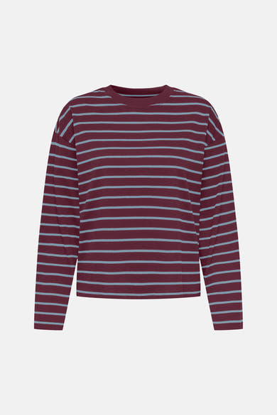 Burgundy and light blue striped long-sleeve t-shirt with round neckline, front view, relaxed fit