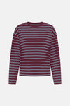 Burgundy and light blue striped long-sleeve t-shirt with round neckline, front view, relaxed fit