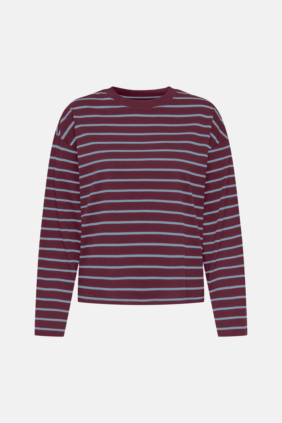 Burgundy and light blue striped long-sleeve t-shirt with round neckline, front view, relaxed fit