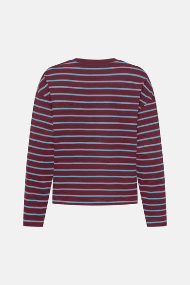 Burgundy and light blue striped long-sleeve T-shirt back view, ribbed crew neck, soft knit texture