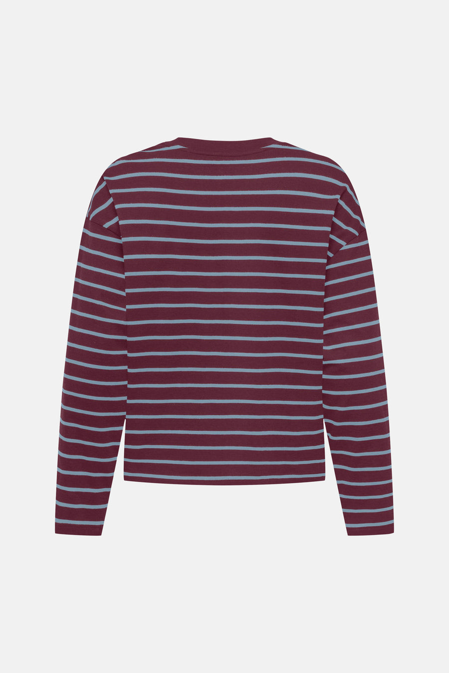 Burgundy and light blue striped long-sleeve T-shirt back view, ribbed crew neck, soft knit texture