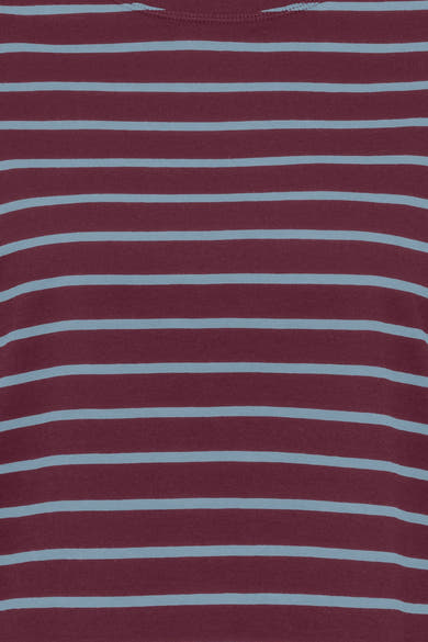 Burgundy and light blue striped long-sleeve t-shirt, close-up front view, soft knit fabric texture