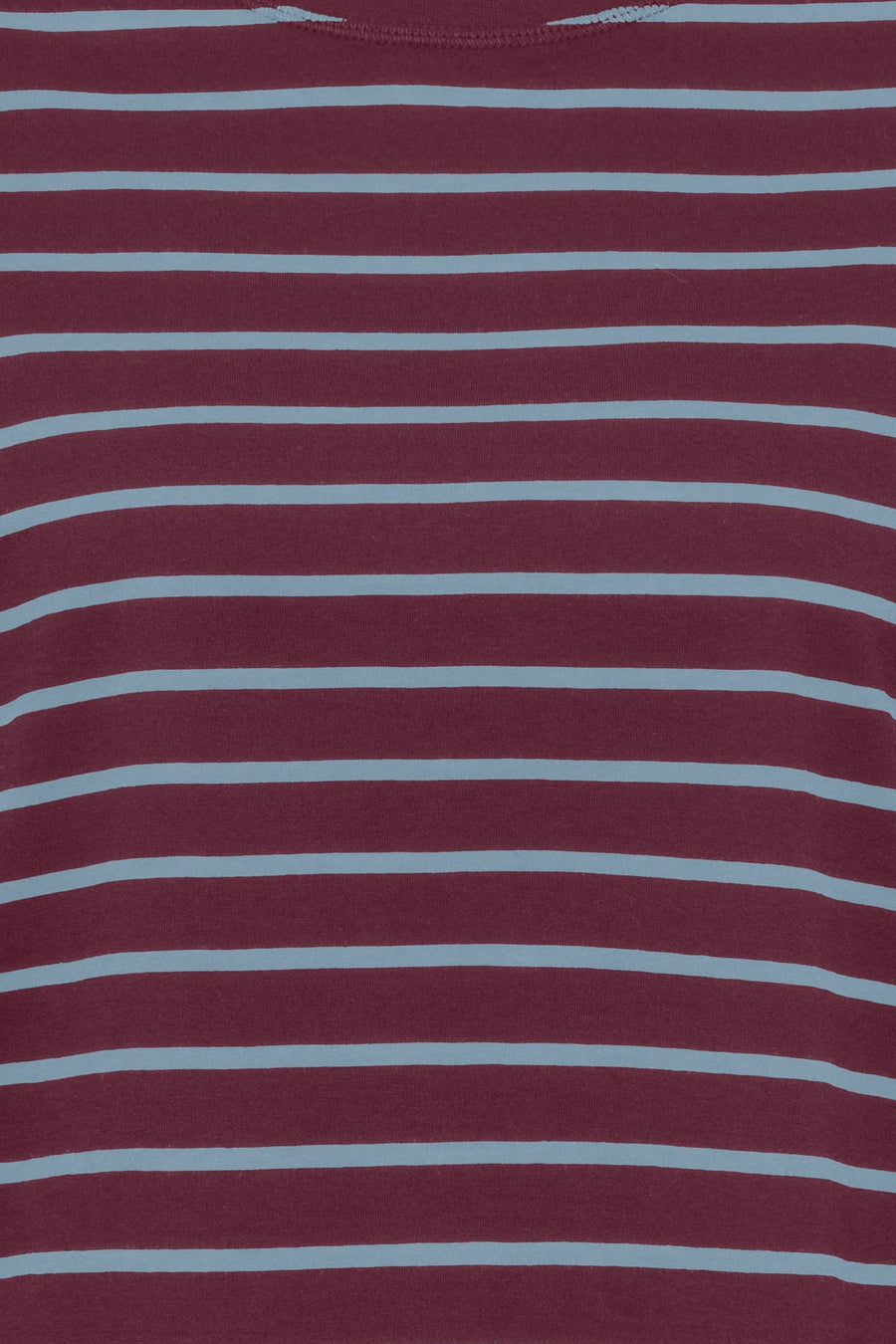 Burgundy and light blue striped long-sleeve t-shirt, close-up front view, soft knit fabric texture