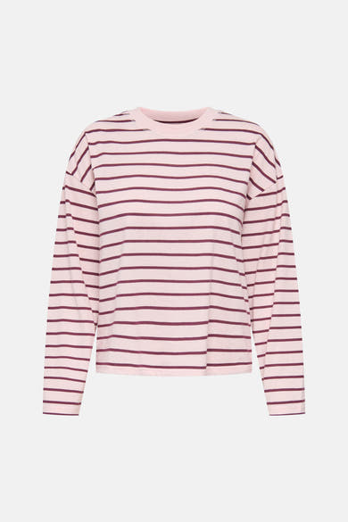 Pale lilac long-sleeve t-shirt with horizontal burgundy stripes, round neckline, and relaxed fit, front view