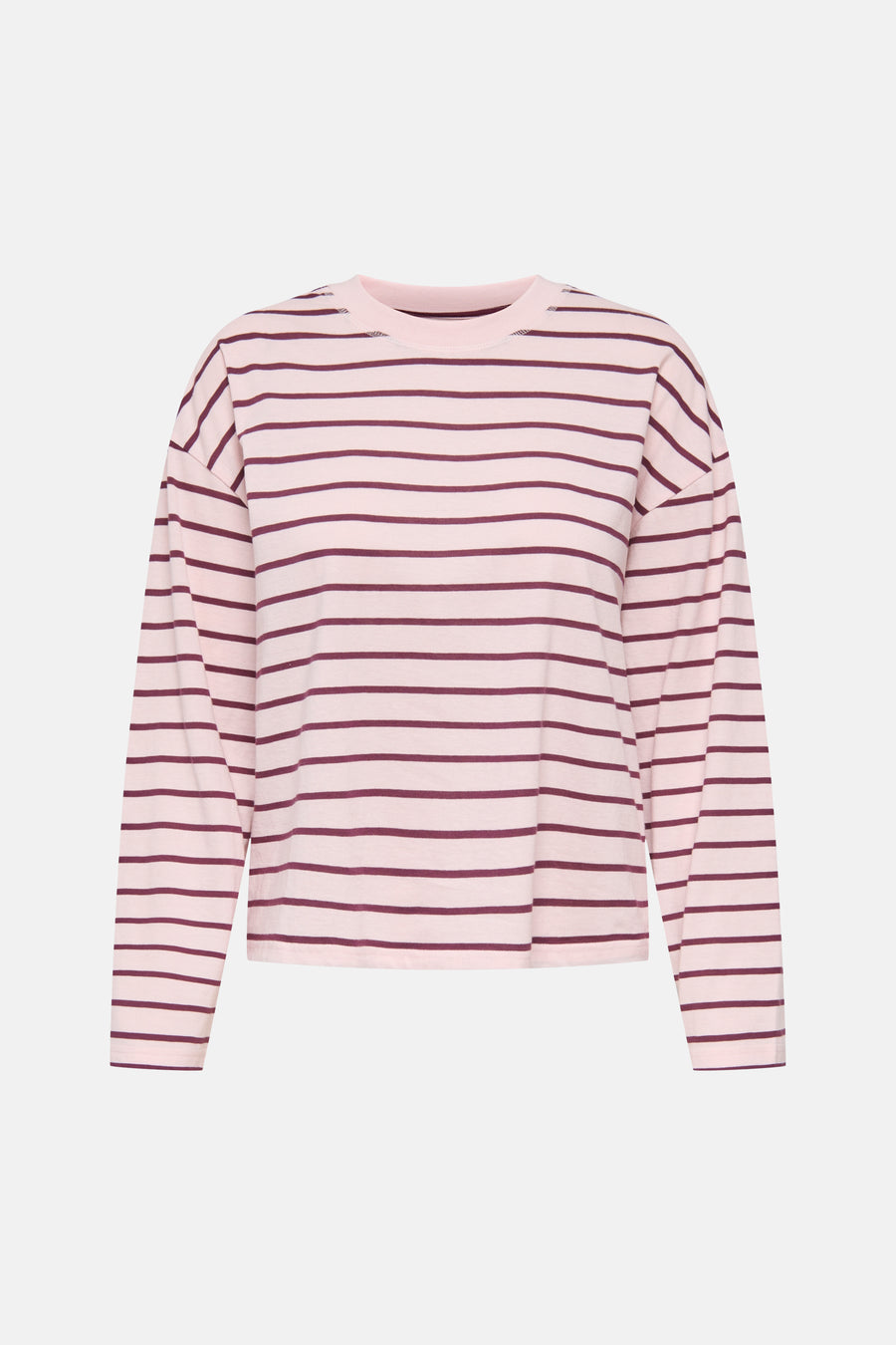 Pale lilac long-sleeve t-shirt with horizontal burgundy stripes, round neckline, and relaxed fit, front view