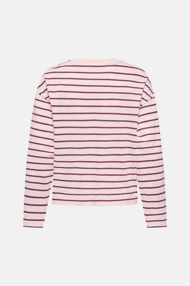 Pale lilac long-sleeve t-shirt with horizontal burgundy stripes, back view, soft cotton texture