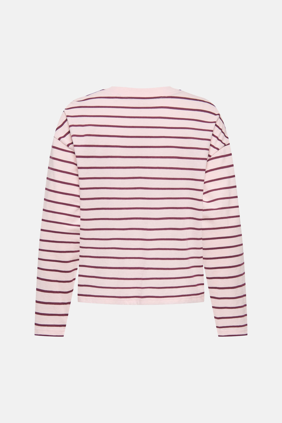 Pale lilac long-sleeve t-shirt with horizontal burgundy stripes, back view, soft cotton texture