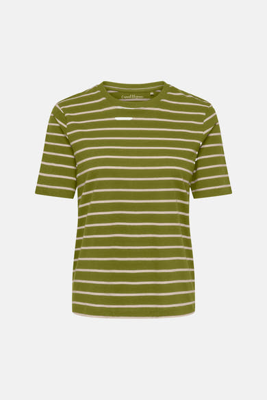 Olive green short-sleeve t-shirt with white horizontal stripes, by Casual Elegance, front view, relaxed fit