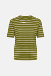 Olive green short-sleeve t-shirt with white horizontal stripes, by Casual Elegance, front view, relaxed fit