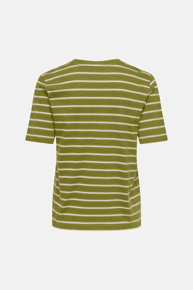 Olive green short-sleeve t-shirt with white horizontal stripes, back view, soft cotton texture, relaxed fit