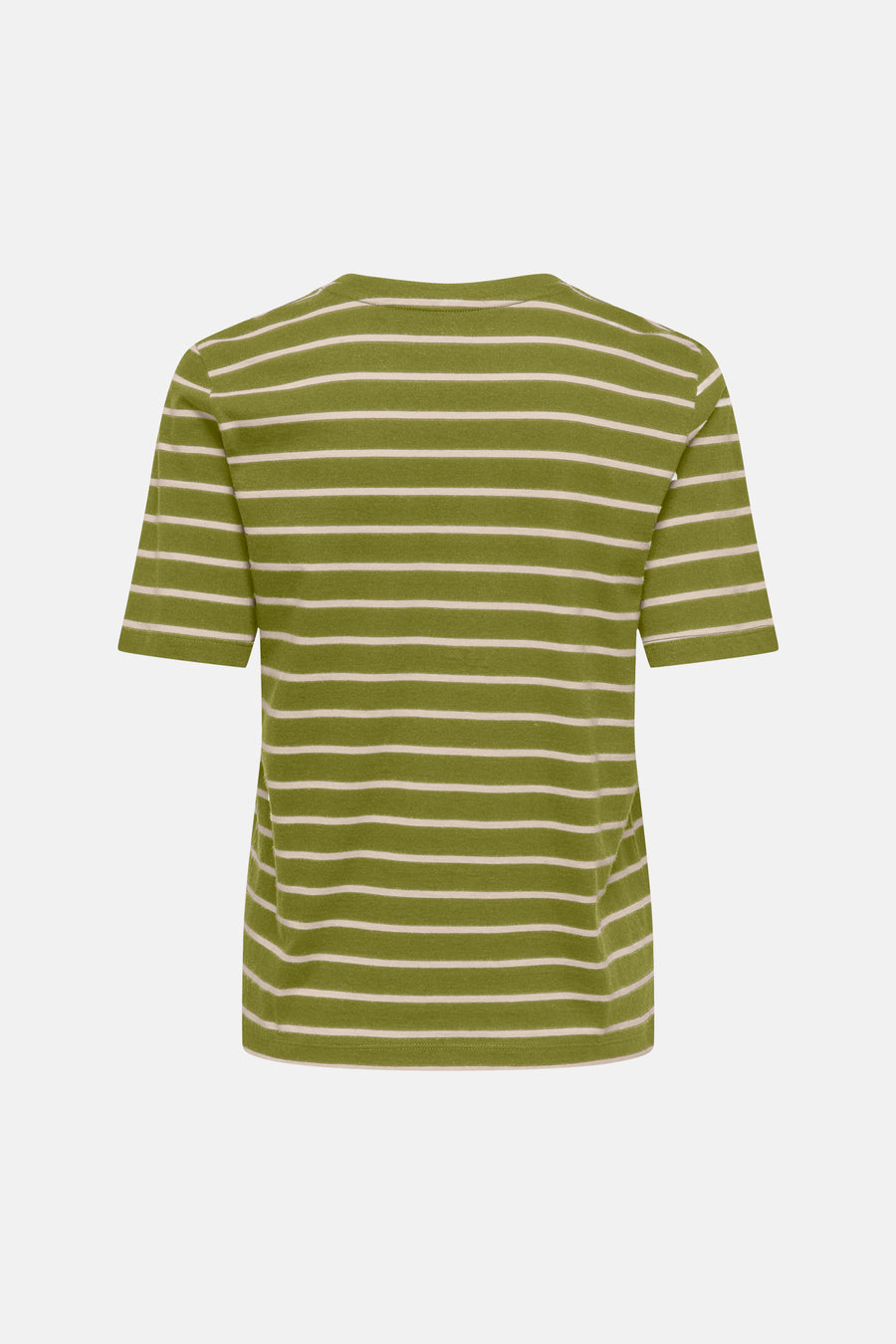 Olive green short-sleeve t-shirt with white horizontal stripes, back view, soft cotton texture, relaxed fit