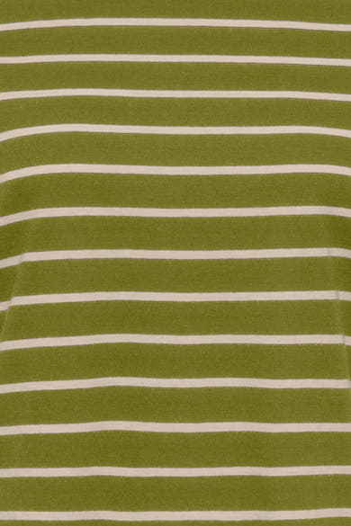 Olive green short-sleeve t-shirt with white horizontal stripes, close-up view showing soft knit texture and even pattern.