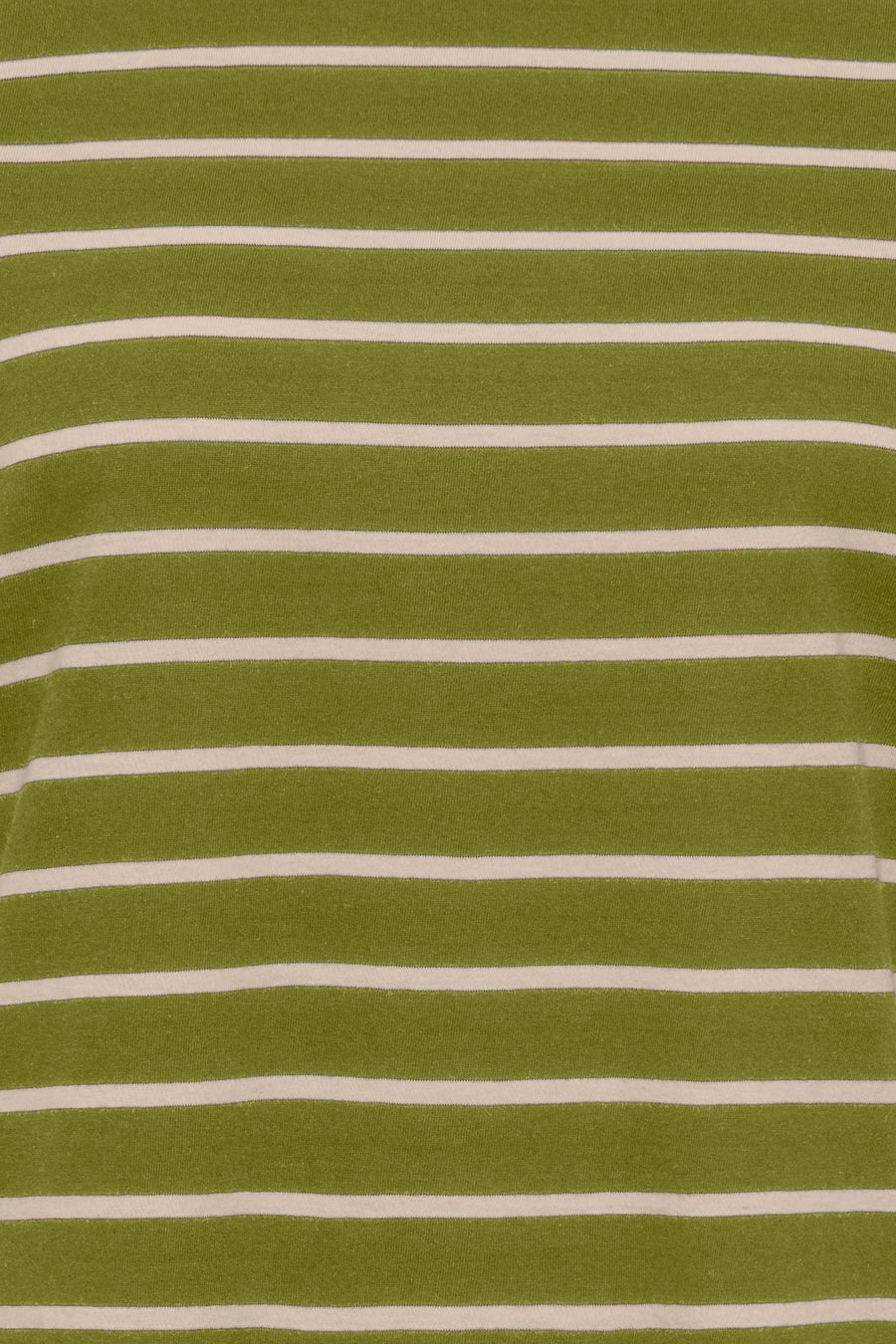 Olive green short-sleeve t-shirt with white horizontal stripes, close-up view showing soft knit texture and even pattern.