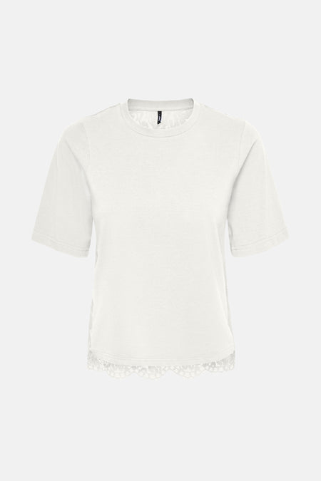 Top blanc à manches courtes ONLY® avec col rond et bordure en dentelle à l’ourlet