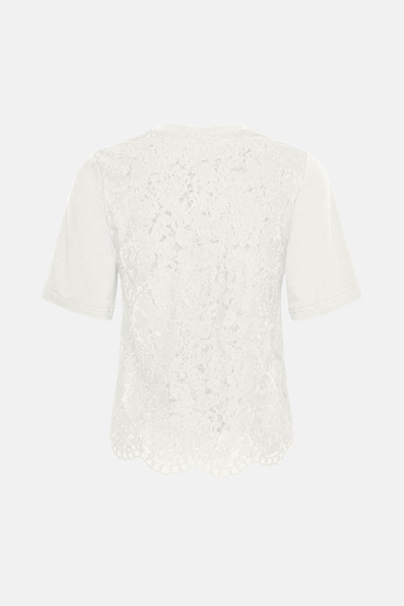 Top blanc ONLY® à manches courtes, vu de dos, avec empiècement en dentelle et bas festonné.