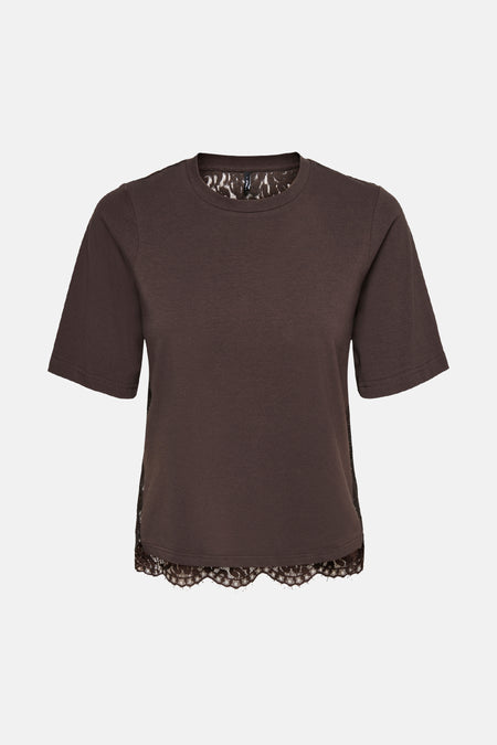 Top brun à manches courtes ONLY® avec empiècement en dentelle contrastant à l’encolure et à la base