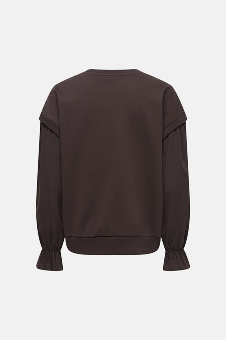 Sweat col O marron foncé par ONLY®, vue arrière, manches bouffantes avec ourlets élastiqués, coupe ample