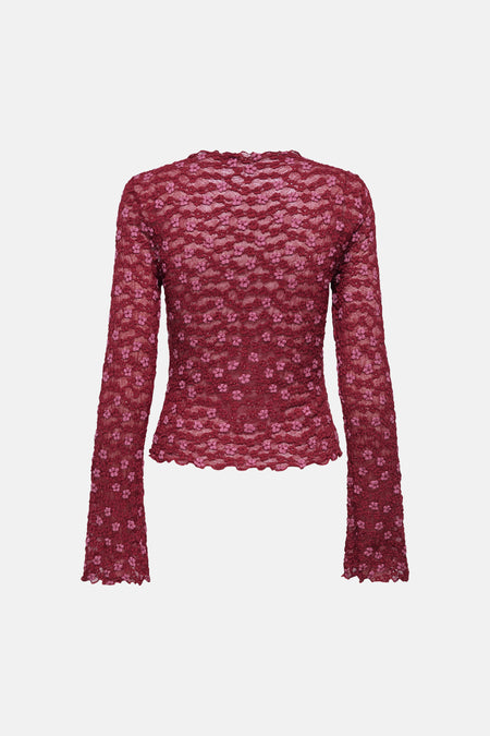 T-shirt à manches longues ONLY® rouge bordeaux en dentelle à motifs floraux roses, col rond et bords festonnés