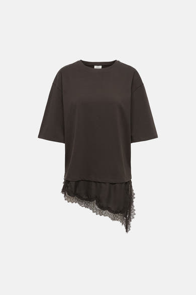 Dark brown short-sleeve t-shirt with asymmetrical lace hem, by JBY, front view, soft fabric, relaxed fit