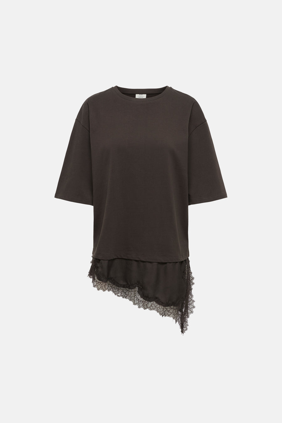 Dark brown short-sleeve t-shirt with asymmetrical lace hem, by JBY, front view, soft fabric, relaxed fit