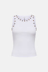 Top sans manches blanc cassé de ONLY® avec strass métalliques sur les épaules et col rond, vue frontale