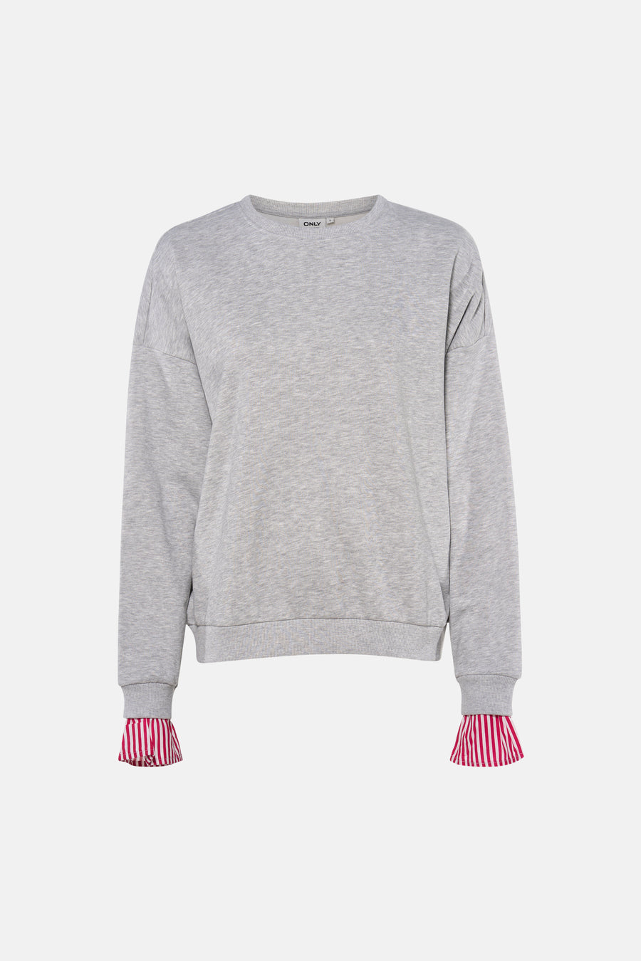 Sweat gris chiné col rond par ONLY® avec manches à revers rayés rouge et blanc, vue de face