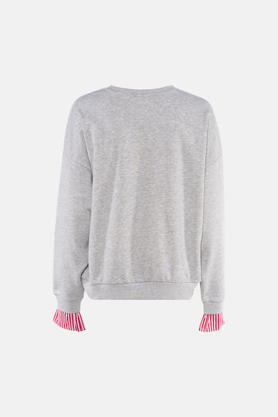 Sweat gris chiné col rond de ONLY® avec manches longues et poignets rayés rouge blanc, vue arrière