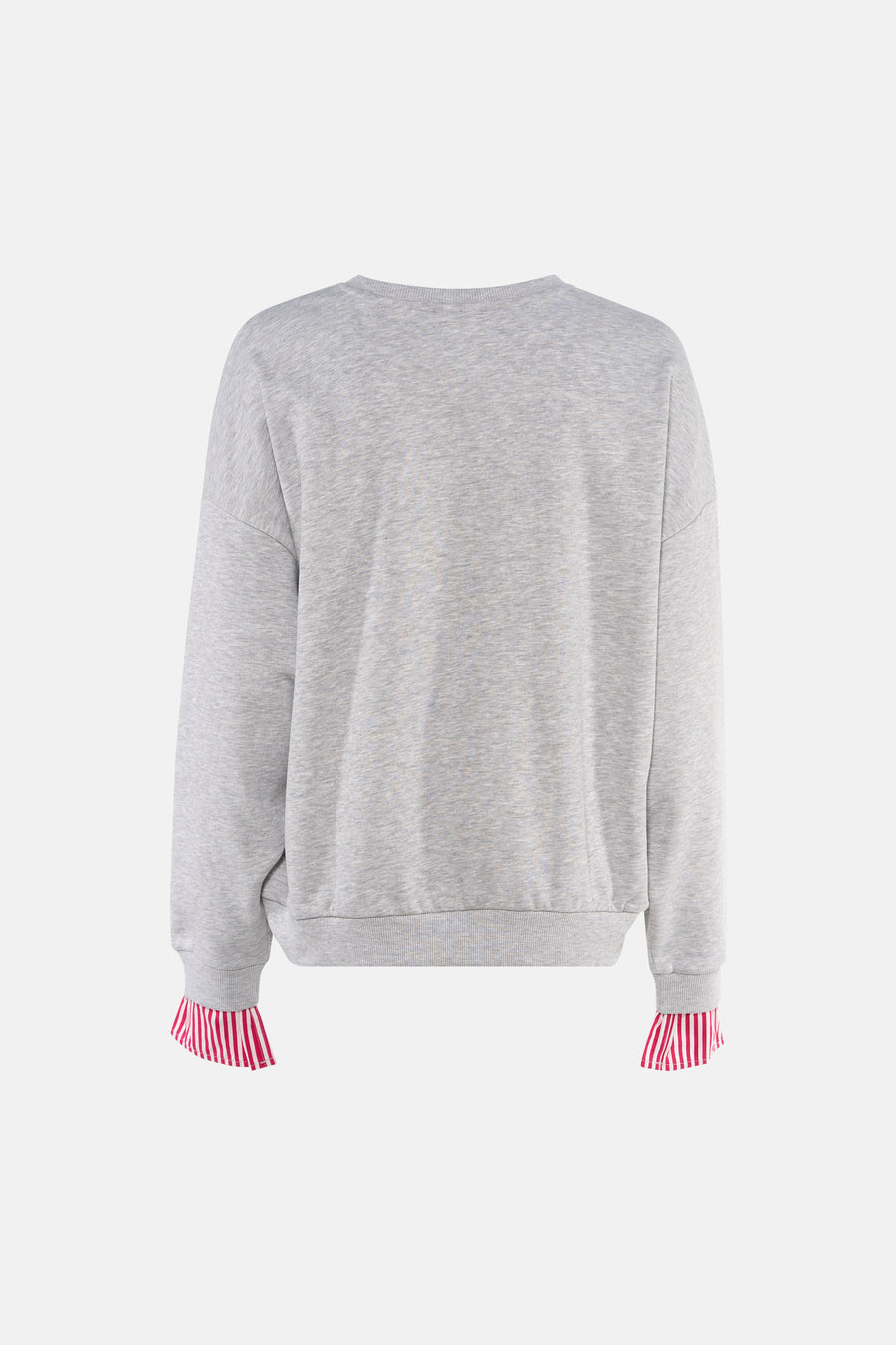 Sweat gris chiné col rond de ONLY® avec manches longues et poignets rayés rouge blanc, vue arrière