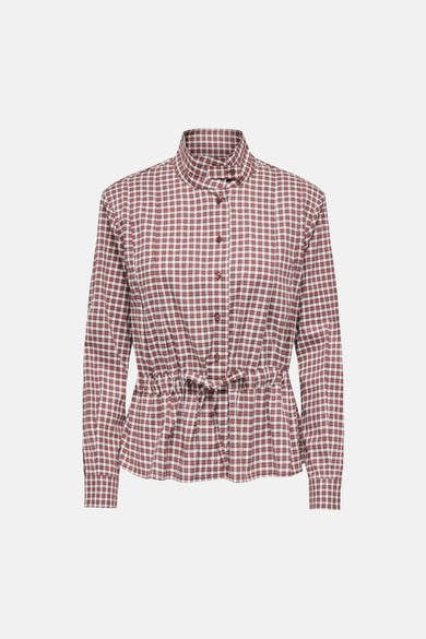Cappuccino long-sleeve checkered blouse with tie waist and button front, front view