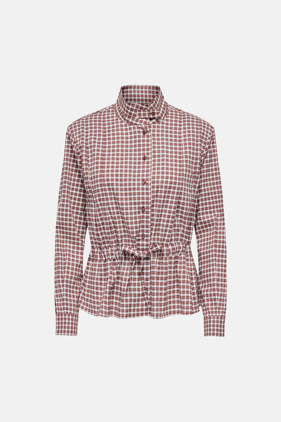 Cappuccino long-sleeve checkered blouse with tie waist and button front, front view