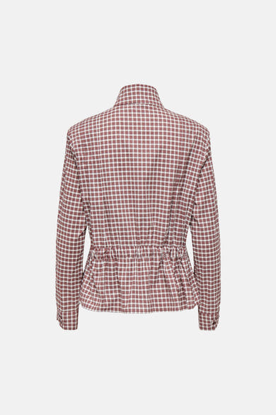 Cappuccino long-sleeve blouse with red and white gingham pattern, back view showing gathered waist detail