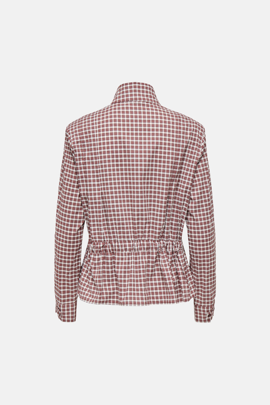 Cappuccino long-sleeve blouse with red and white gingham pattern, back view showing gathered waist detail
