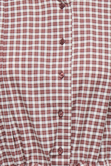 Cappuccino long-sleeve blouse with red and white gingham check pattern, featuring matching buttons and front placket, close-up view