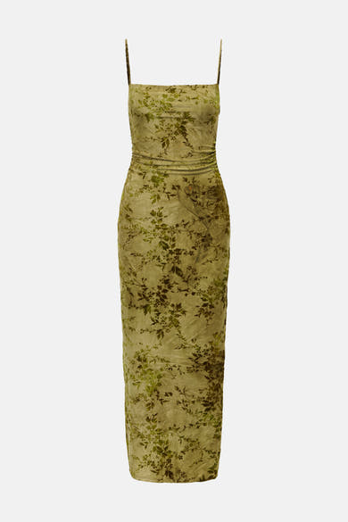 Dark olive sleeveless maxi dress with floral vine pattern, ruched waist, and thin straps, front view