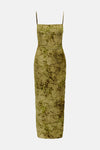 Dark olive sleeveless maxi dress with floral vine pattern, ruched waist, and thin straps, front view