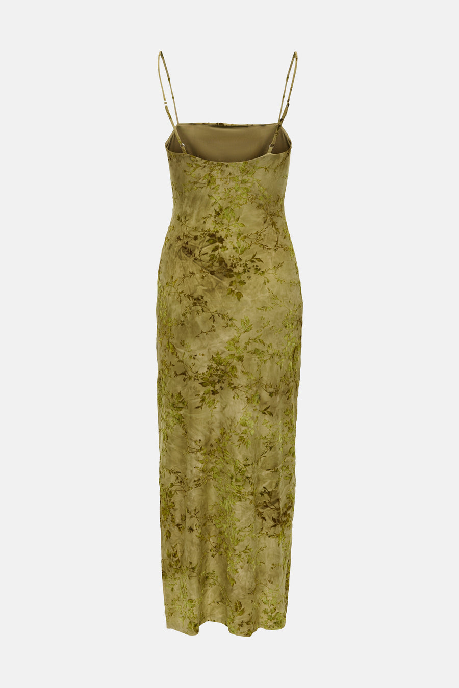 Dark olive sleeveless maxi dress with floral vine pattern, thin spaghetti straps, and subtle sheen, front view