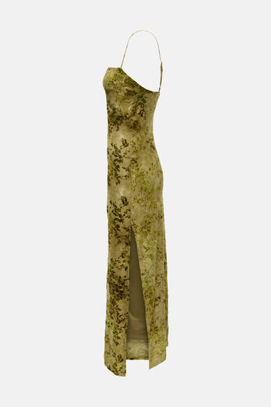 Dark olive sleeveless dress with floral pattern and front slit, side view, elegant drape