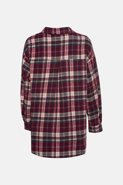 Chemise à manches longues multicolore de Terra di Siena, à carreaux bordeaux, beige et gris, vue de dos.
