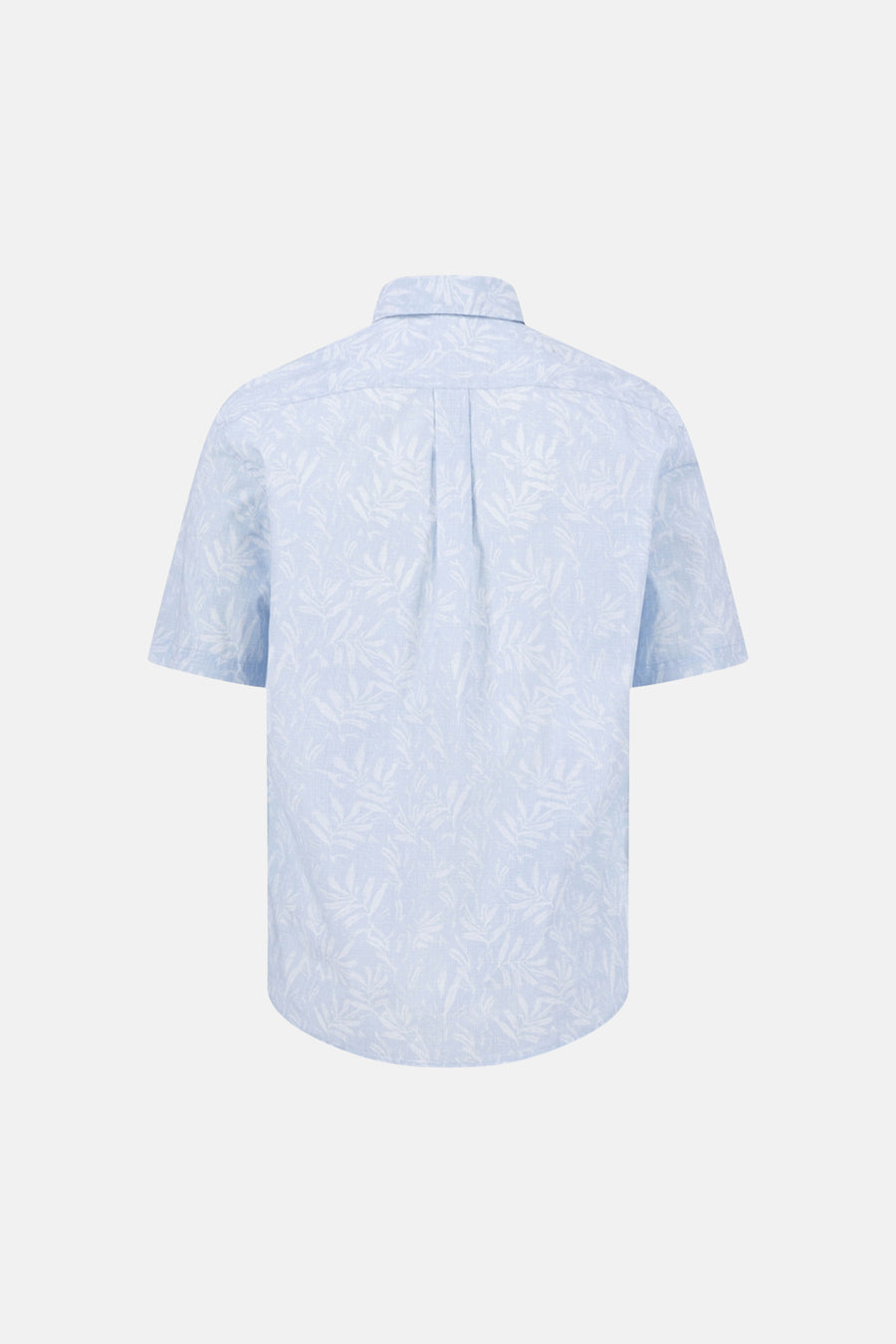 Chemise bleu à manches courtes de FYNCH-HATTON, motif à feuilles blanches sur l'ensemble, vue arrière.