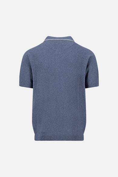Blue short-sleeve knit pullover with ribbed hem and collar trim, back view