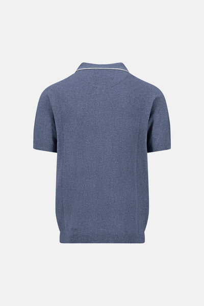 Blue short-sleeve knit pullover with ribbed hem and collar trim, back view