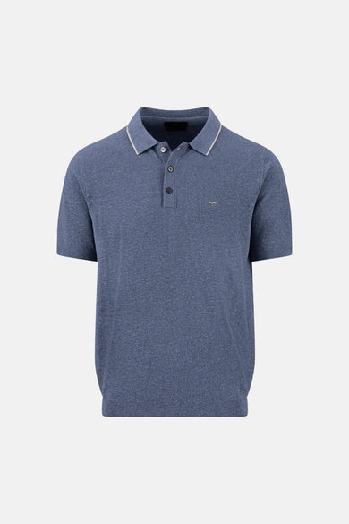 Blue textured short-sleeve polo shirt with contrast collar trim and chest logo, front view