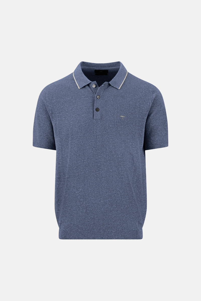 Blue textured short-sleeve polo shirt with contrast collar trim and chest logo, front view
