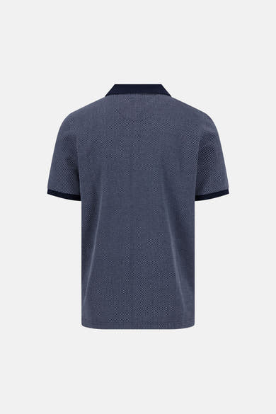 Pull bleu foncé de FYNCH-HATTON, style polo, avec motif géométrique texturé et col et bords de manches unis, vue de dos.