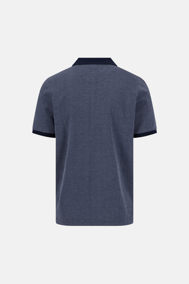 Pull bleu foncé de FYNCH-HATTON, style polo, avec motif géométrique texturé et col et bords de manches unis, vue de dos.