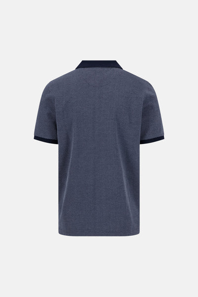 Pull bleu foncé de FYNCH-HATTON, style polo, avec motif géométrique texturé et col et bords de manches unis, vue de dos.
