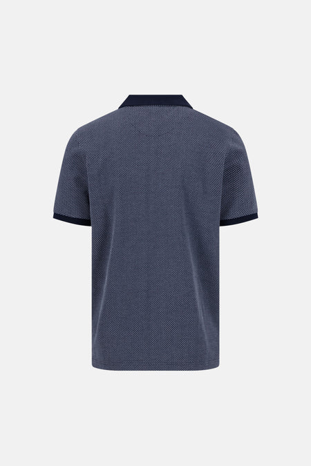 Pull bleu foncé de FYNCH-HATTON, style polo, avec motif géométrique texturé et col et bords de manches unis, vue de dos.